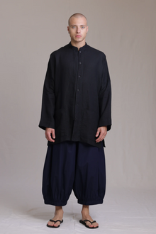 ALBI Chowa Shirt, a long oversized linen band collar shirt with low patch pockets