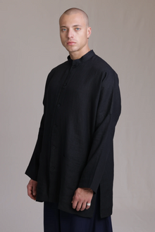ALBI Chowa Shirt, a long oversized linen band collar shirt with low patch pockets
