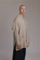 ALBI Chowa Shirt, a long oversized linen band collar shirt with low patch pockets