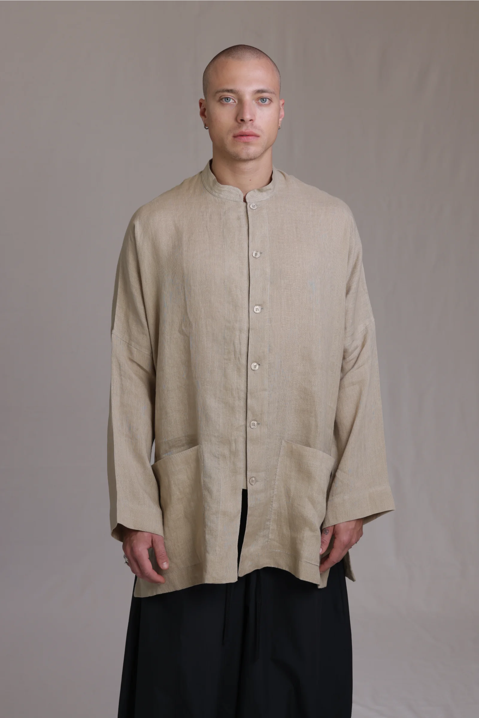ALBI Chowa Shirt, a long oversized linen band collar shirt with low patch pockets