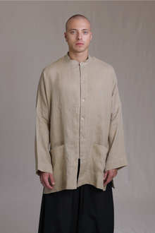 ALBI Chowa Shirt, a long oversized linen band collar shirt with low patch pockets