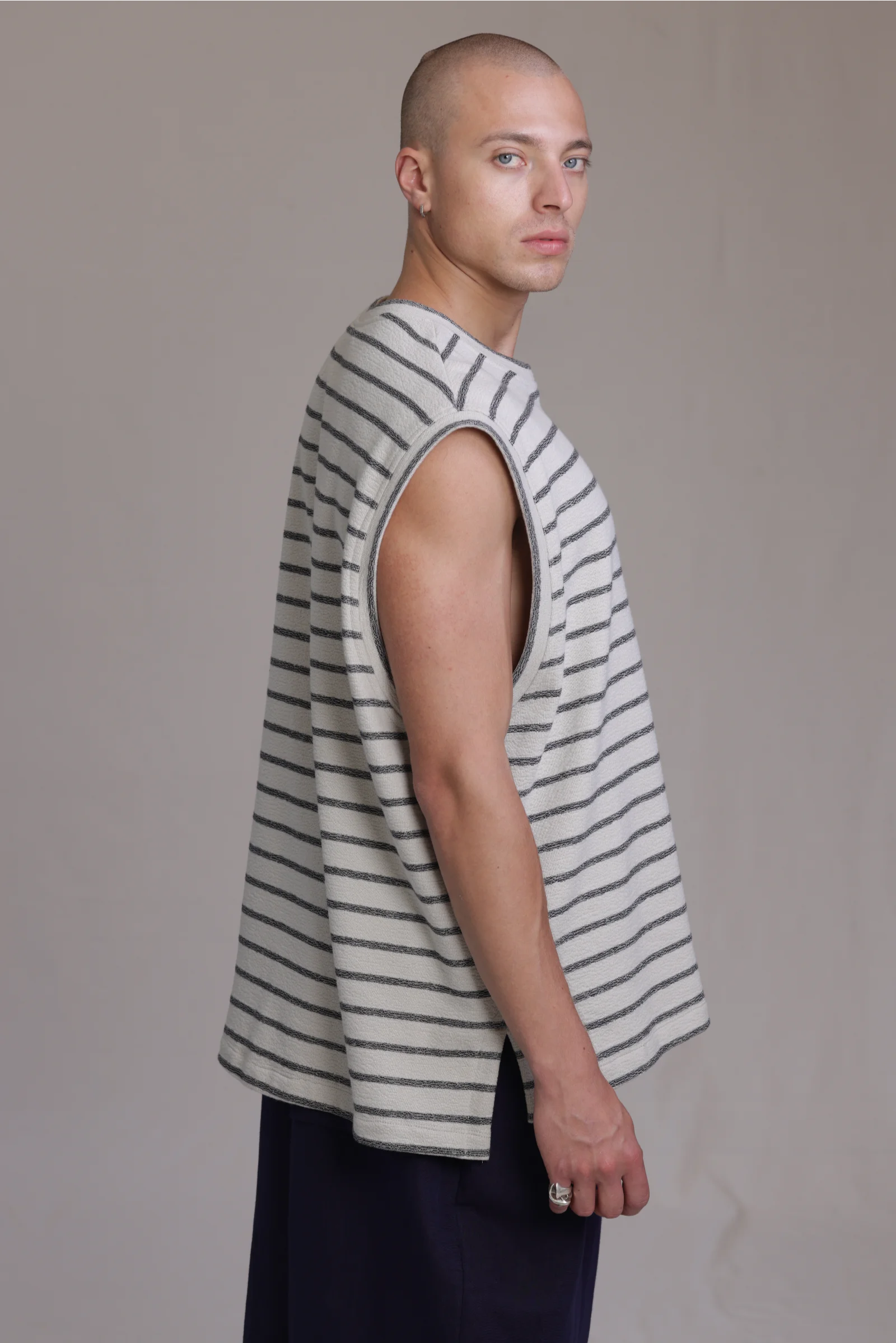ALBI Fudo Shirt, an oversized sleeveless striped French terry tee