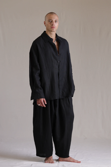 ALBI Iki Pants, oversized pleated linen trousers with hand-stitched flap pockets